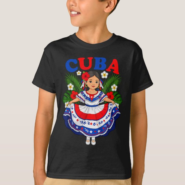 T-shirt Cuba Cuban Girl Traditional Dress Trocal Flowers  (Devant)