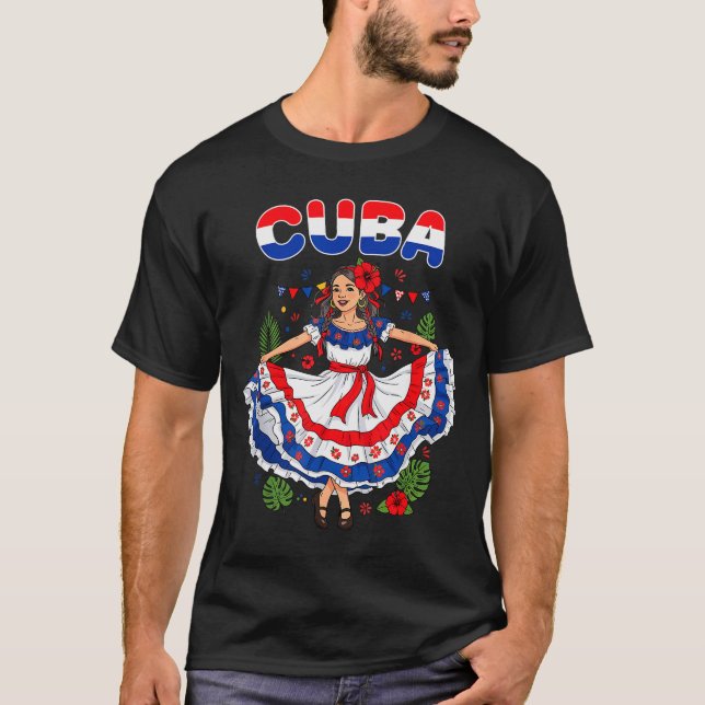T-shirt Cuba Cuban Girl Traditional Dress Trocal Flowers  (Devant)