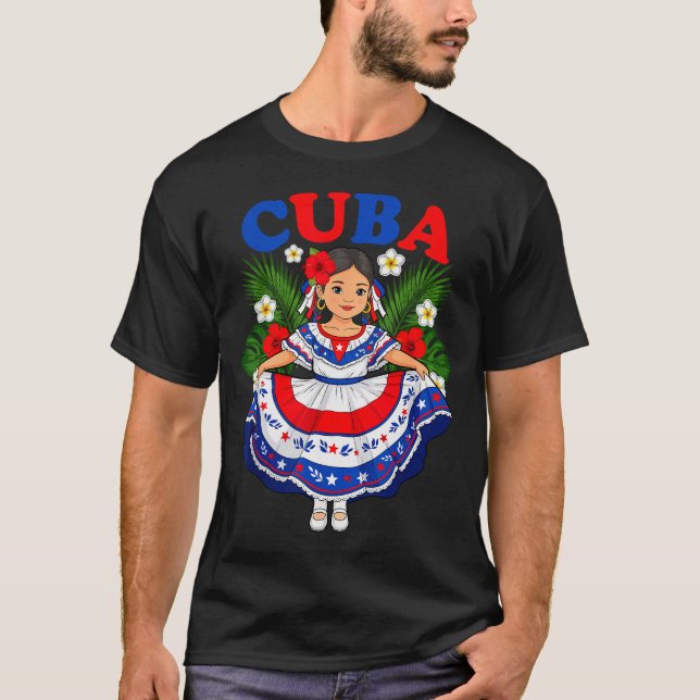 T-shirt Cuba Cuban Girl Traditional Dress Trocal Flowers  (Devant)