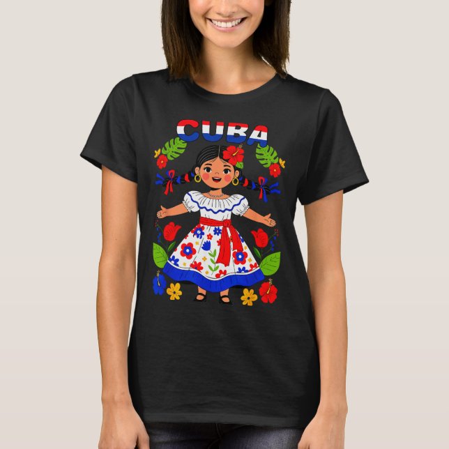 T-shirt Cuba Cuban Girl Traditional Dress Trocal Flowers  (Devant)
