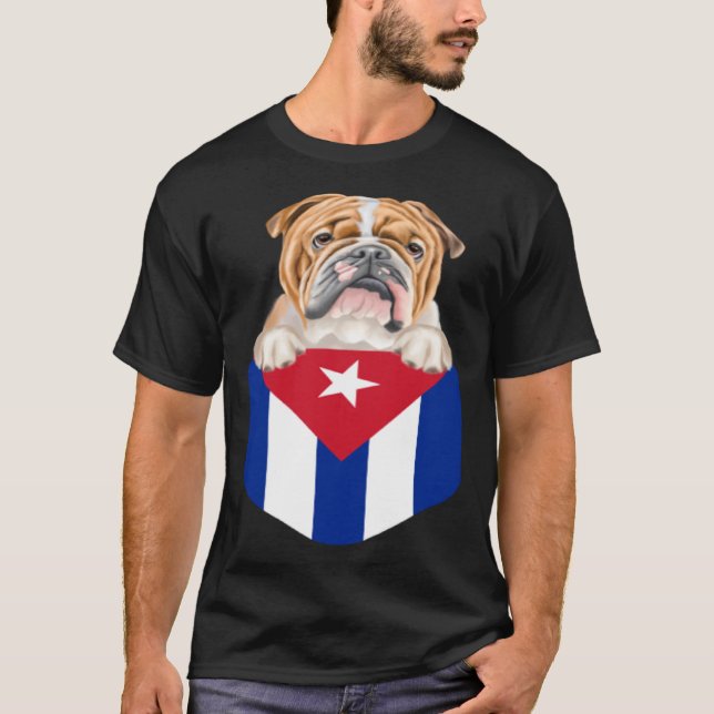 T-shirt Cuba Flag Bulldog Dog In Pocket (Devant)