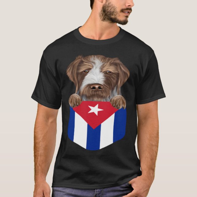 T-shirt Cuba Flag German Wirehaired Pointer Dog In Pocket (Devant)