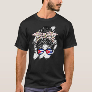 T-shirt Cuba Messy Bun Avec Bandana Cuba Drapeau Lunettes
