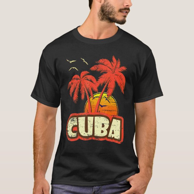 T-shirt Cuba Summer Palm Trees 80s Beach Sunset (Devant)