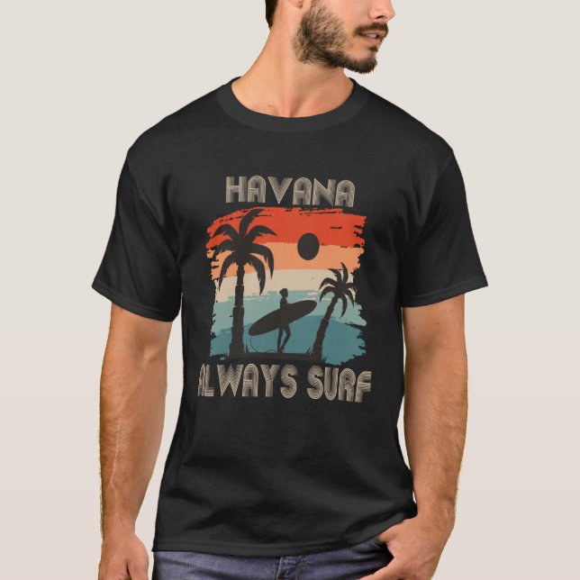 T-shirt Cuba Surfing Retro Palm tree Havana Vacation Ocean (Devant)