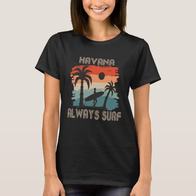 T-shirt Cuba Surfing Retro Palm tree Havana Vacation Ocean (Devant)