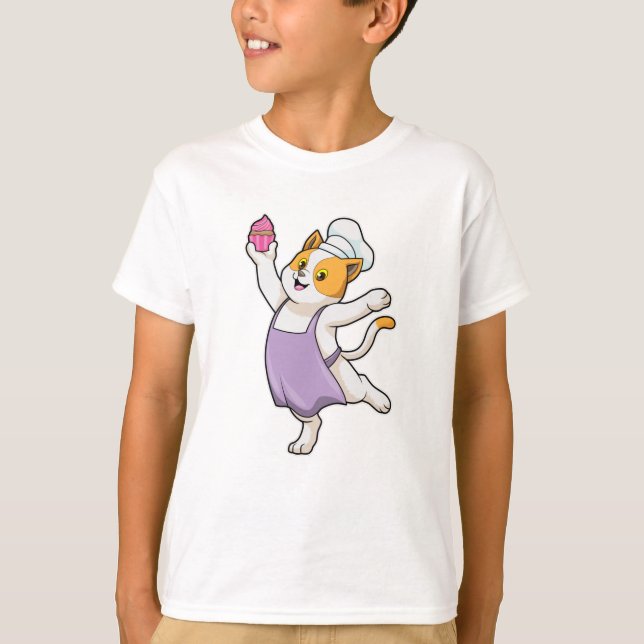 T-shirt Cuire au chat avec tablier de Cuisine et muffin (Devant)