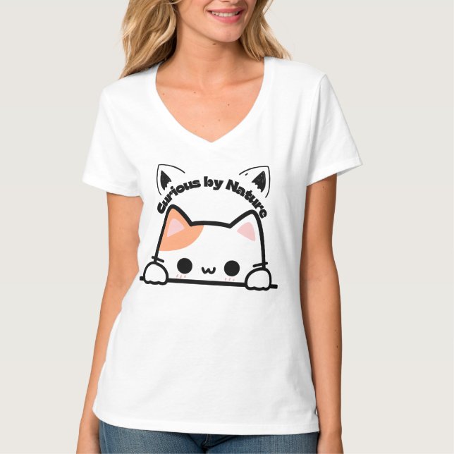 T-shirt Curieux par la nature - Cute Kawaii Cat Graphic T- (Devant)