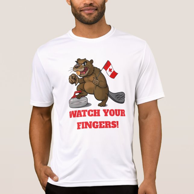 T-shirt Curling beaver with flag - watch your fingers! (Devant)