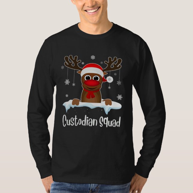 T-shirt Custodian Squad Xmas Reindeer Santa Hat Christmas  (Devant)