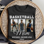 T-shirt Custom Basketball Mom 3 Photo Collage Name Number<br><div class="desc">Show your team spirit and pride for your favorite basketball player with this custom photo collage t-shirt! This design features a trendy "Basketball Mom" typography layout with "Mom" in an elegant script font and "Basketball" in a classic sporty varsity style. Design Features: 3 Custom Photo Slots: Easily upload three of...</div>