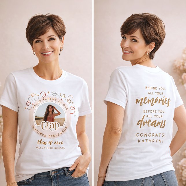 T-shirt Custom Confetti Photo Proud Parent Class of 2026 (View of front + back designs)