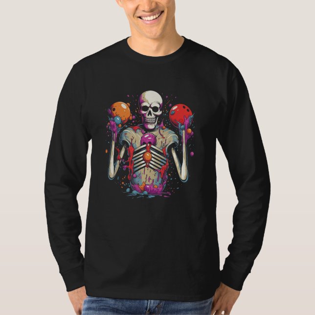 T-shirt Custom Creepy Eerie Fun Skeleton And Bowlin Balls  (Devant)