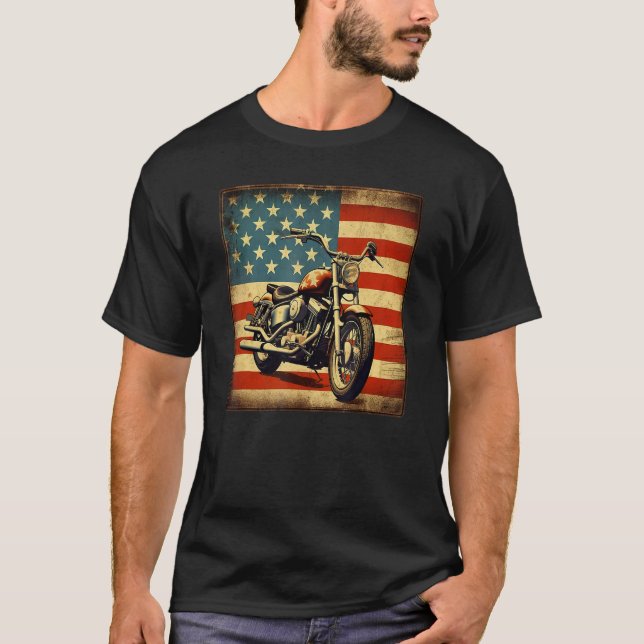 T-shirt Custom Motorcycle Retro USA Flag Retro Biker Vinta (Devant)