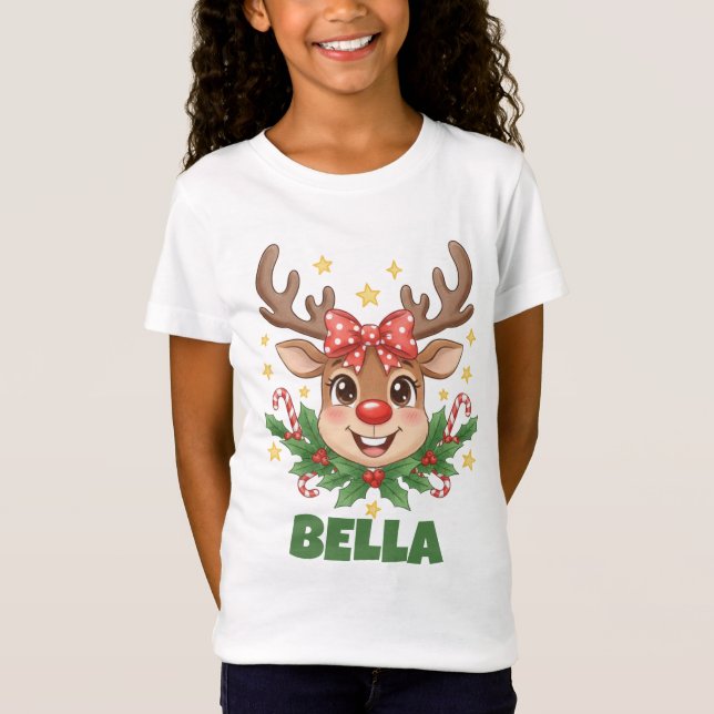 T-Shirt Custom Name Reindeer Kids Christmas Tee (Devant)