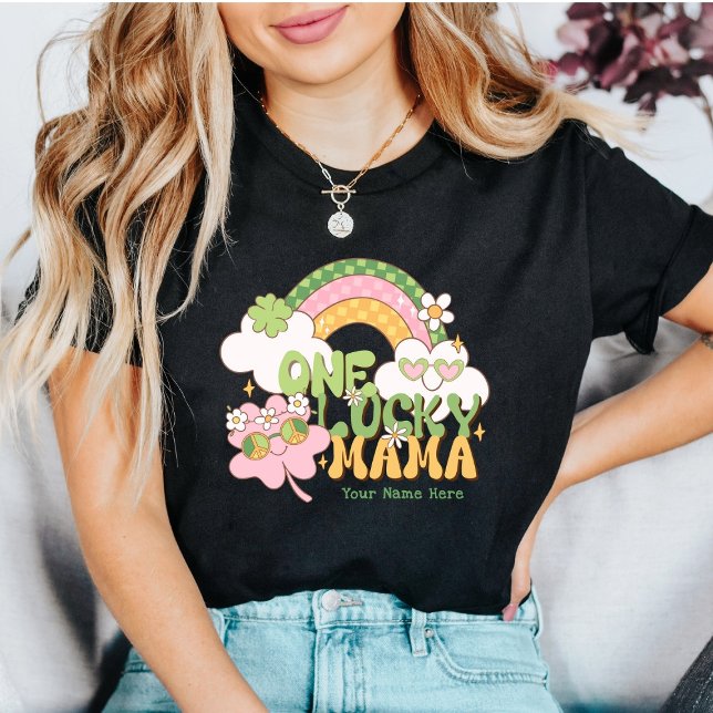 T-shirt Custom One Lucky Mama Retro Arc-en-Ciel (Créateur téléchargé)