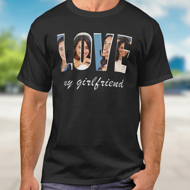 T-shirt Custom Photos Love My Girlfriend Romantic Template (A t-shirt with 'Love my girlfriend' words, customizable with a photo for each letter of 'Love')