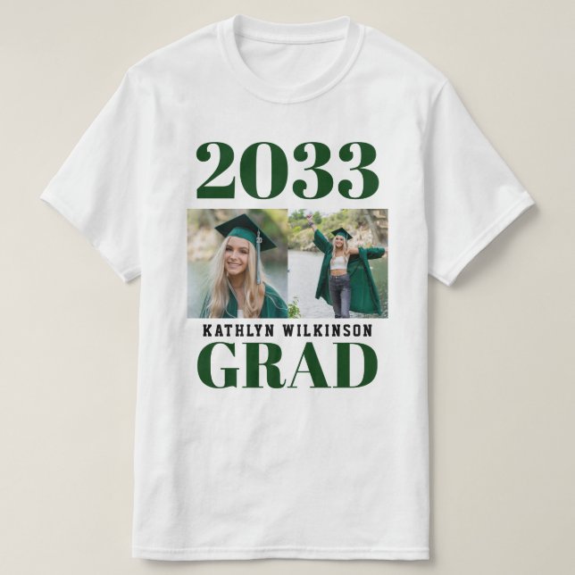 T-shirt CUSTOM Vert Moderne Simple Script 2 Photo Grad (Design devant)