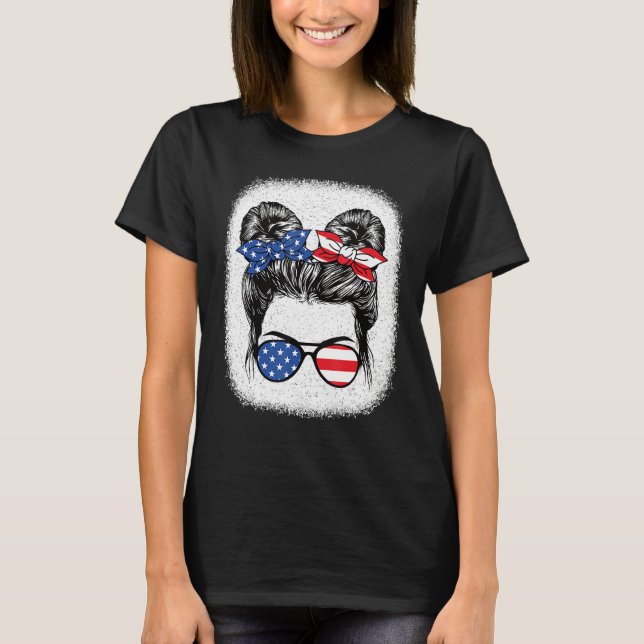 T-shirt Cute 4th Of July Messy Bun Girl American Flag Patr (Devant)