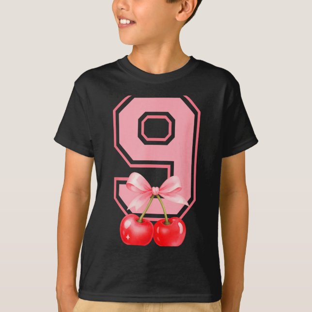 T-shirt Cute 9th Birthday Girl Nk Cherry Coquette Bow 9 Ye (Devant)