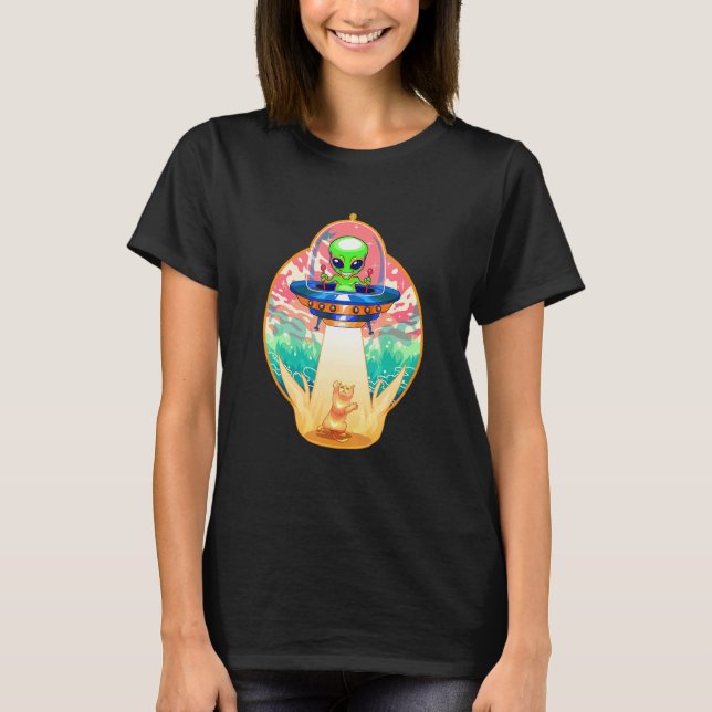 T-shirt Cute Alien Cat Abduction Flying Spaceship UFO Kitt (Devant)