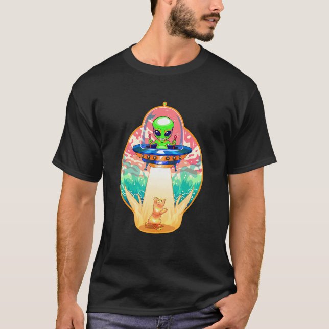 T-shirt Cute Alien Cat Abduction Flying Spaceship UFO Kitt (Devant)