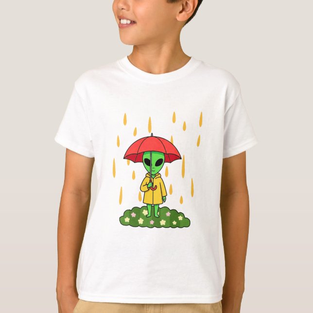T-shirt Cute Alien With Umbrella in Rain Kawaii Character (Devant)