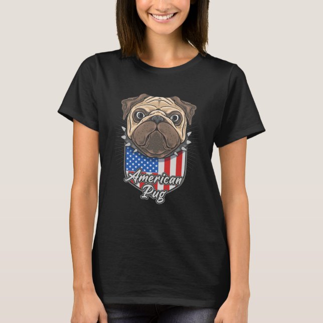 T-shirt Cute American Pug with USA Flag Shield Background  (Devant)