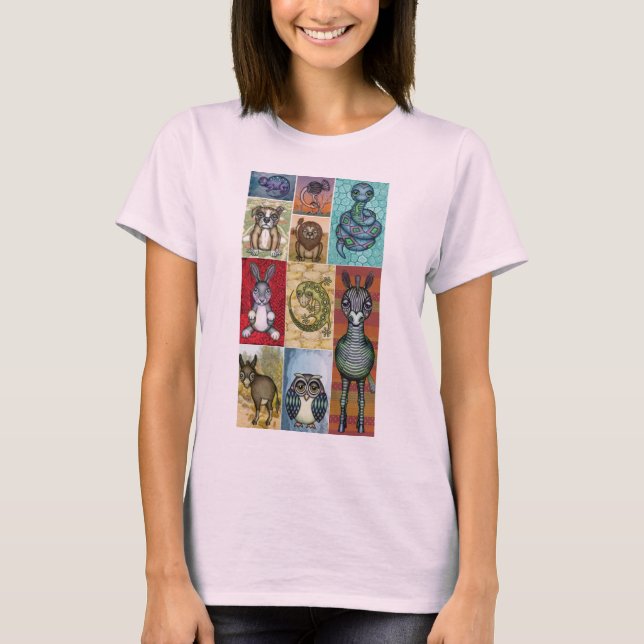 T-shirt Cute Animal Collage Folk Art Design (Devant)