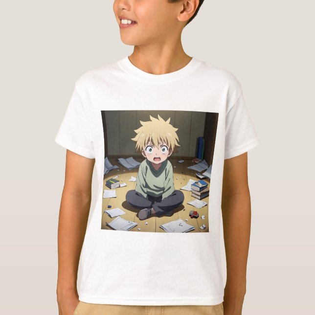 T-shirt Cute Anime Boy Surprised in Messy Room – Emotional (Devant)