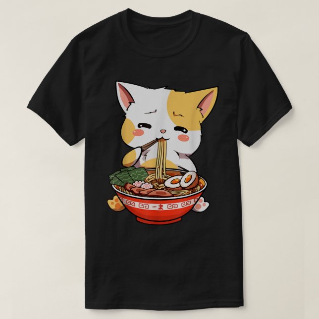 T-shirt Cute Anime Cat Eating Ramen (Design devant)