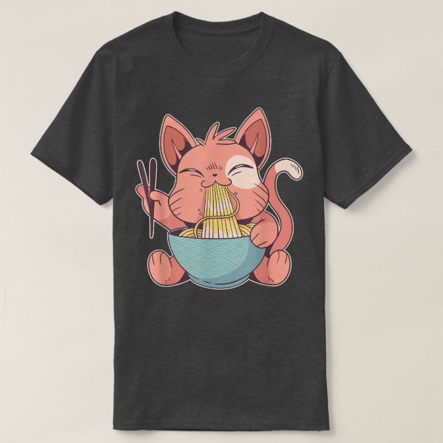 T-shirt Cute anime chat nourrit les pâtes à la soupe ramen (Design devant)
