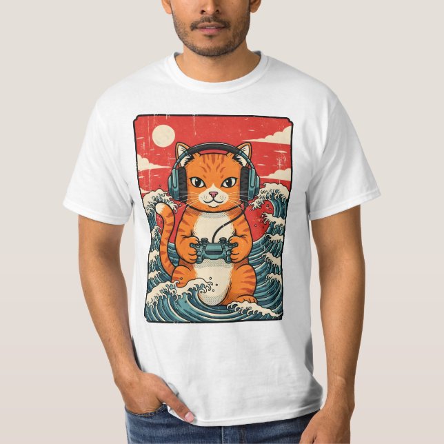 T-shirt Cute Anime Gamer Cat Japanese Gaming Retro (Devant)