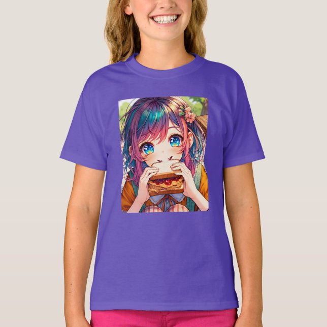 T-shirt Cute Anime Girl mangeant un beurre d'arachide et g (Devant)