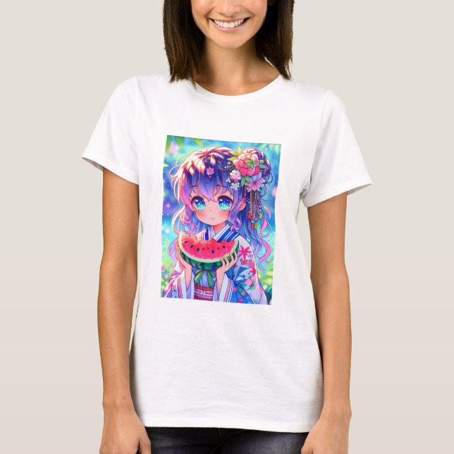 T-shirt Cute Anime Girl Manger Watermelon sur une journée  (Devant)