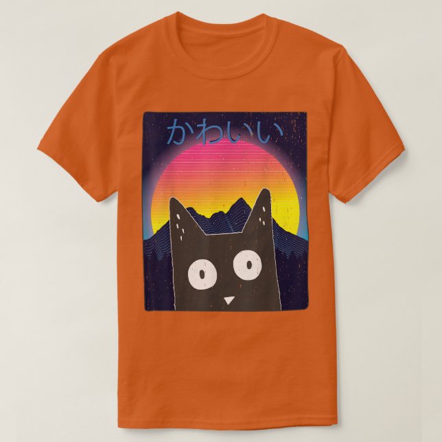 T-shirt Cute Anime Retro Kitten Neko Synthwave Japan 80s M (Design devant)