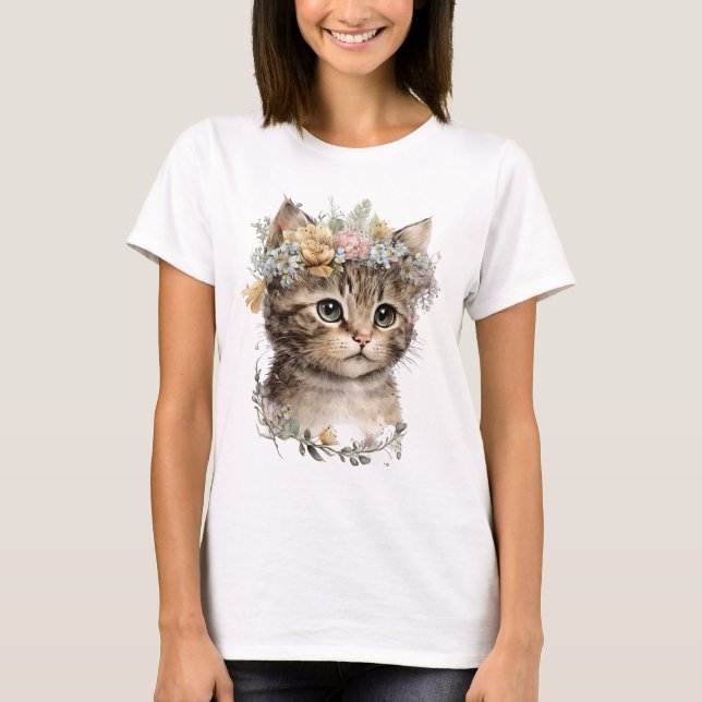 T-shirt Cute Aquarelle Floral Kitten (Devant)