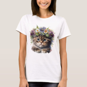 T-shirt Cute Aquarelle Florale Chat