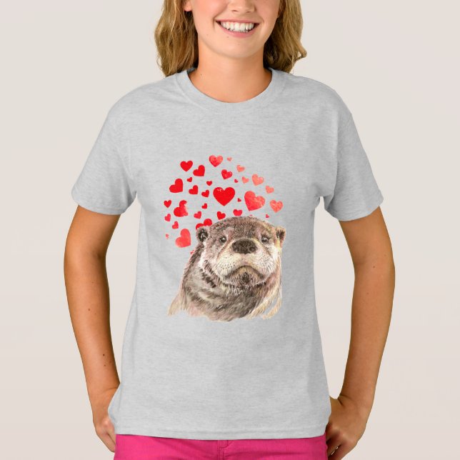 T-shirt Cute Aquarelle Otter Coeurs Aimer Humour animal T- (Devant)