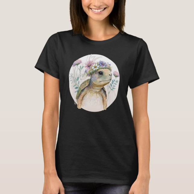 T-shirt Cute Aquarelle Tortue Fleur Couronne Animal marin (Devant)