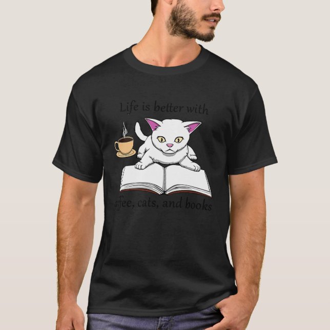 T-shirt Cute au café chaton et lecture (Devant)