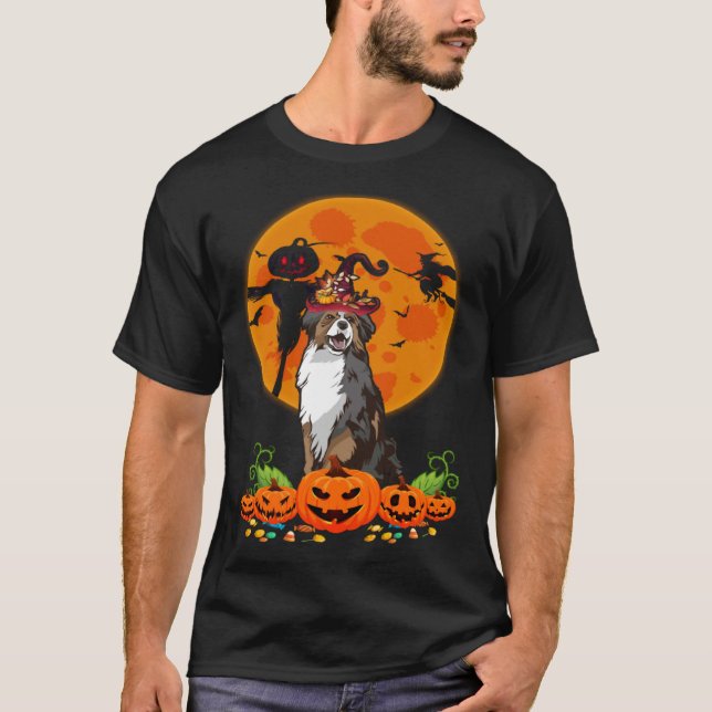 T-shirt Cute Australian Shepherd Dog Witch Pumpkin Hallowe (Devant)