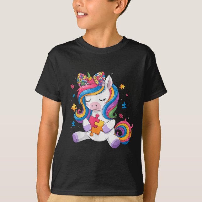 T-shirt Cute Autism Awareness Toddler Girl Bow Unicorn Puz (Devant)