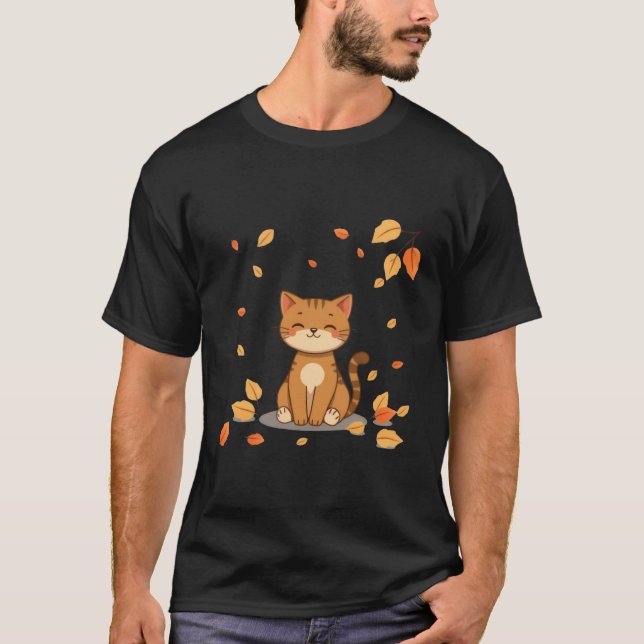 T-shirt Cute Autumn Ginger Cat Falling Leaves Art ✨🐾🍂 (Devant)