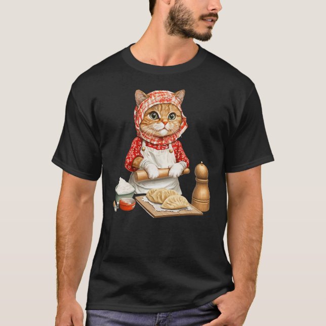 T-shirt Cute Babushka Cat Making Pierogi Polish For Food L (Devant)