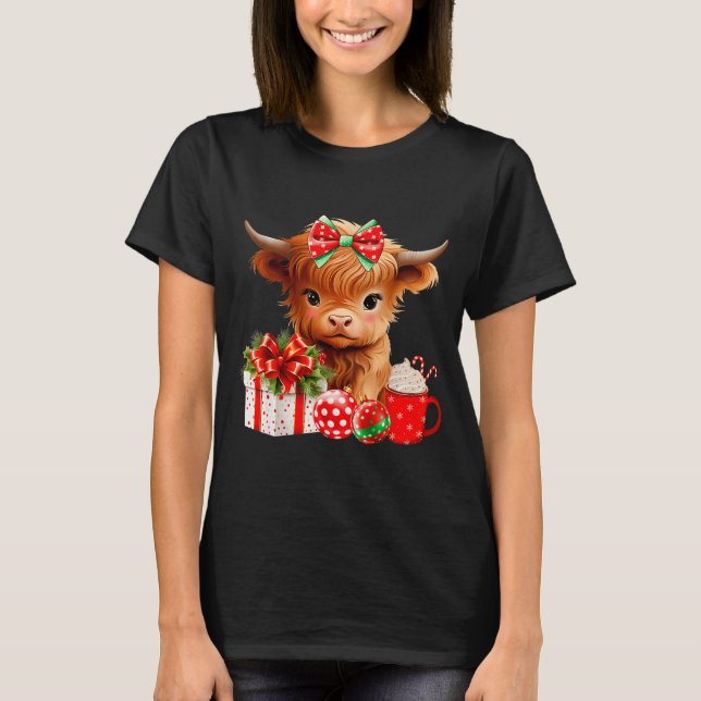 T-shirt Cute Baby Highland Cow Merry Christmas Farmer Cow  (Devant)