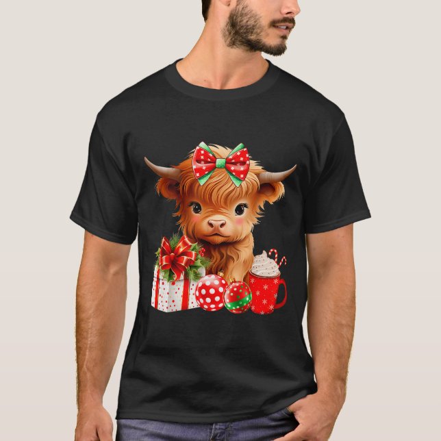 T-shirt Cute Baby Highland Cow Merry Christmas Farmer Cow  (Devant)