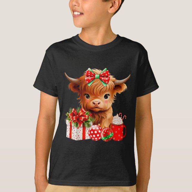 T-shirt Cute Baby Highland Cow Merry Christmas Farmer Cow  (Devant)