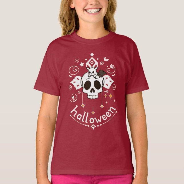 T-shirt Cute Bat & Skull Halloween Vibes  (Devant)