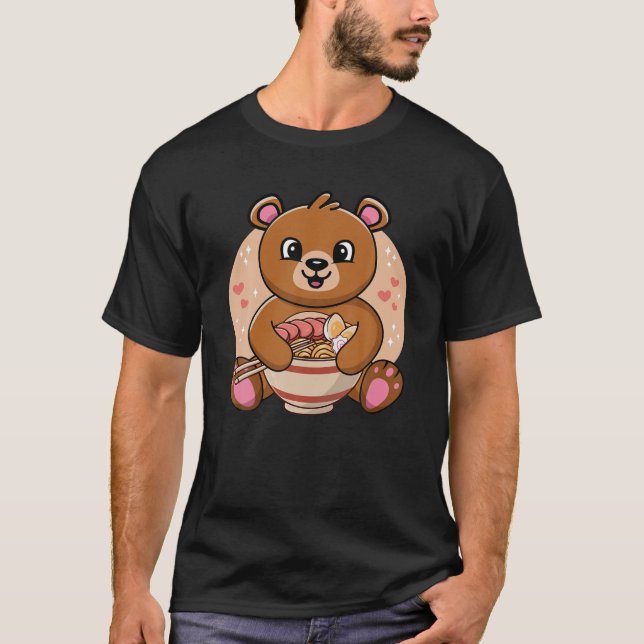 T-shirt Cute Bear Eating Ramen Noodles (Devant)